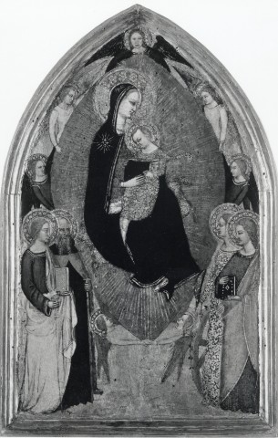 Anonimo — Maestro dell'Infanzia - sec. XIV - Madonna con Bambino in gloria tra angeli e santi — insieme